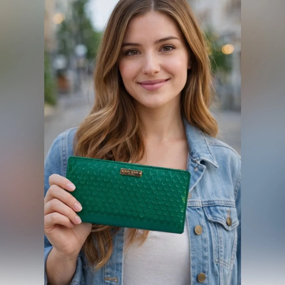 Kate Spade New York Leather Wallet Women’s Zip Around Card Holder Emerald Green - Picture 2 of 14